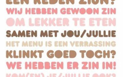 Woensdag 11 februari, gezellig etentje, kom jij ook?